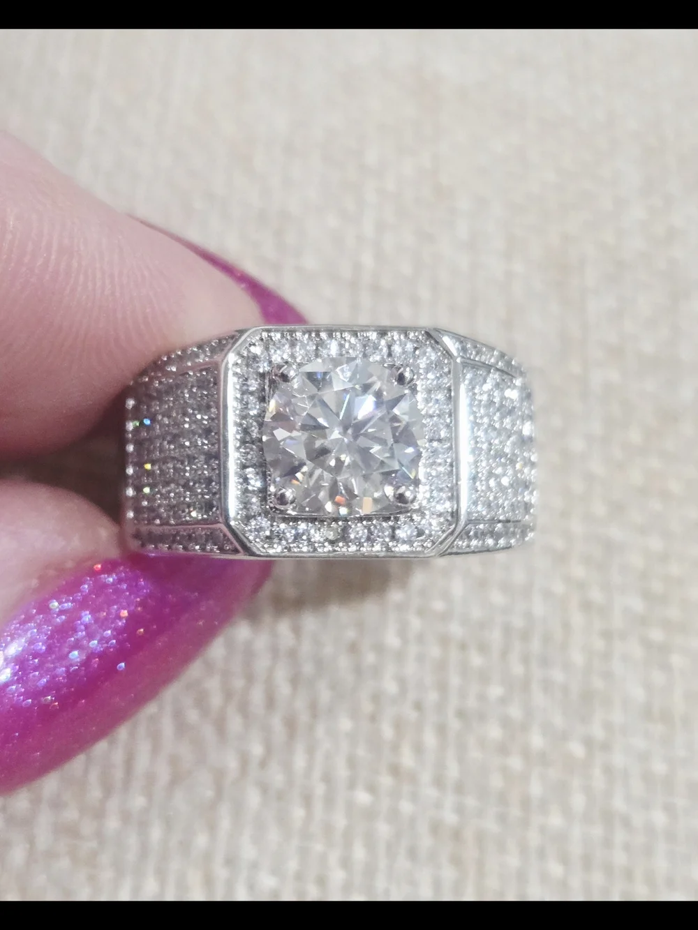Pave Men's Statement Ring with Center Round Moissanite Stone